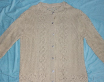 Vintage 60s 70s L Beige Tan Crochet Knit Button Down LS Cardigan Sweater Top Rockabilly 50s VLV