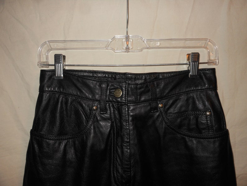 VTG HARLEY DAVIDSON 6 W26 Black Leather High Waist Straight Leg Pants 6X32 Motorcycle Biker Rock Punk Rockstar