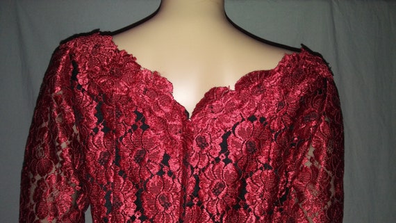 Vintage 50s 60s L XL Red Lace Overlay Sheath Glam… - image 9