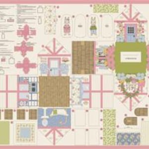 May include: A fabric panel featuring a printed cut-and-sew dollhouse project. The design includes walls, floors, furniture, and four rabbit characters. The layout displays various architectural elements, floral patterns, and instructional text in English.