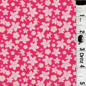 May include: A vibrant pink fabric with a repeating floral pattern. The design features various sizes of flowers in shades of light pink and cream. A ruler is visible along the right edge, marked in inches.