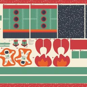 May include: A flat lay of a DIY craft project with a space theme. The design includes a rocket ship, astronauts, flames, and star patterns. The color palette features red, green, orange, and navy blue. The text "3.2.1 BLAZE OFF BACKPACK" is visible.