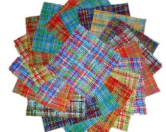May include: A collection of colorful, square fabric swatches arranged in a circular pattern. The swatches feature a plaid design in various colors, including red, blue, green, and yellow. The fabric appears to be woven, with visible intersecting lines.