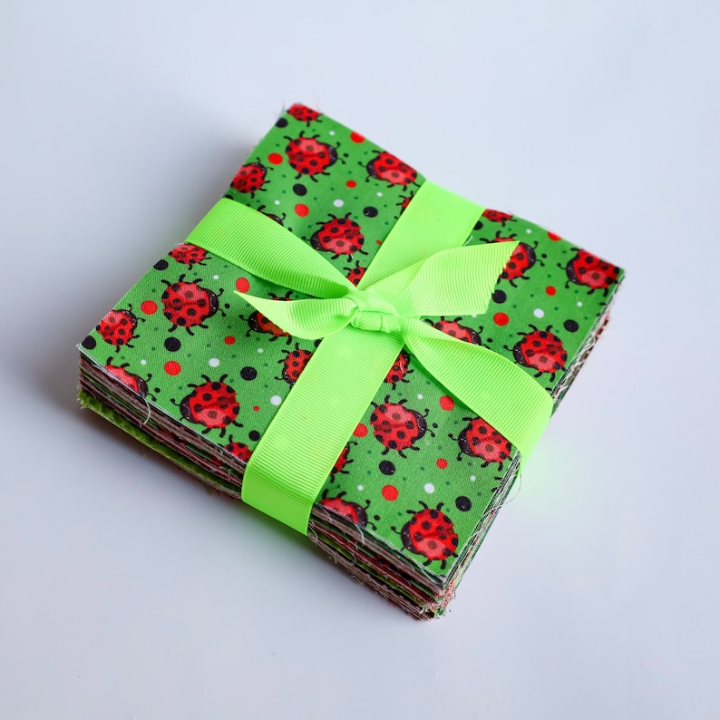 Lady Bug Love pre cut charm pack 5 squares 100% cotton fabric quilt Red black green floral fabric 90 pieces quilt fabric Ready to sew image 1