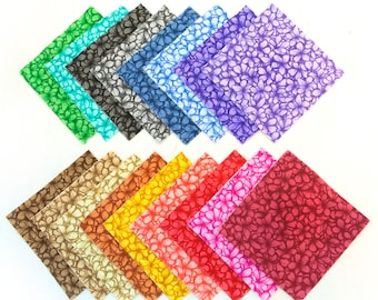 May include: A collection of fabric squares in various colors, each patterned with a floral design. The colors include green, teal, gray, blue, purple, brown, orange, yellow, red, pink, and burgundy. The squares are arranged in a diagonal pattern against a white background.