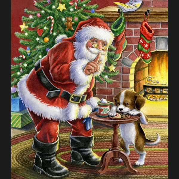 Cookie Thief Digital Panel cotton quilt fabric Christmas Santa Dog 36" X 45 "