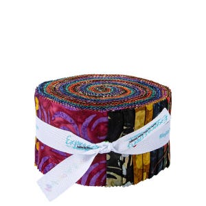 May include: A roll of colorful fabric strips, tightly wound and secured with a white ribbon. The fabric features a variety of patterns and colors, including purple, black, and yellow. The ribbon has the text "Express" and "Riley Blake Designs".