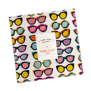 May include: A white fabric square featuring a repeating pattern of colorful sunglasses in various styles and colors, including yellow, orange, pink, and blue. A label reads "Ruby Star Society Poolside Too Collaborative Collection."