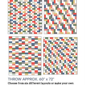 May include: A poster with the text "MIX MASTER" displays four quilt layout options. The throw size is approximately 60" x 72". The design features a colorful patchwork pattern in red, blue, green, and neutral tones. The "my fabric addiction" logo is at the bottom.