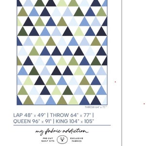May include: A quilt pattern called "Breezy Summit" featuring a geometric design of blue, green, and white triangles. The pattern is available in lap, throw, queen, and king sizes. The text "my fabric addiction" is also included.