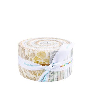 May include: A rolled bundle of fabric strips in various neutral colors, including beige, cream, and light green. The fabric is tied with a white ribbon that has text printed on it. The fabric has a patterned design.