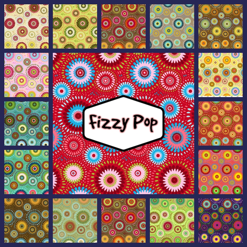 May include: A set of 16 digital paper patterns featuring colorful, abstract, circular designs. The patterns are arranged in a grid with the text "Fizzy Pop" in the center.