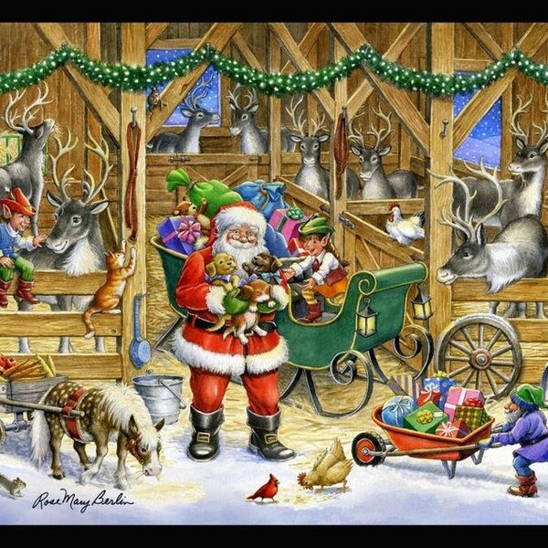 Reindeer Barn Digital Panel cotton quilt fabric Christmas Santa 36" X 45"