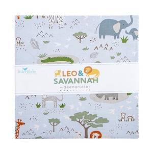 May include: A stack of fabric squares with a light blue background featuring a savanna animal print. The design includes elephants, giraffes, lions, zebras, and crocodiles. The text "LEO & SAVANNAH" is printed on a white band.
