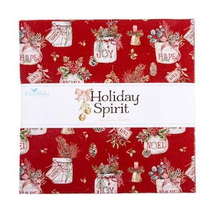May include: A stack of square fabric pieces featuring a red background with a repeating pattern of white jars, pinecones, greenery, and tags labeled Hope, Joy, and Noel. A white paper band wraps the center with the text Holiday Spirit by Lisa Audit.