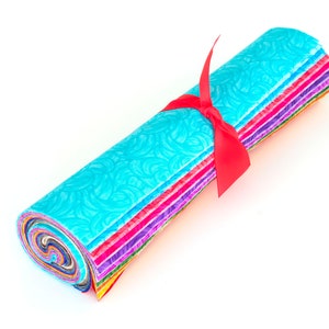 May include: A rolled bundle of colorful fabric squares tied with a red ribbon. The top layer is a bright turquoise with a swirling pattern. The edges of the fabric show a variety of colors, including pink, purple, and yellow. Ideal for quilting and crafting projects.