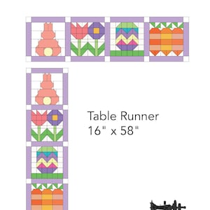 May include: A quilting pattern for a table runner called "Signs of Spring". The pattern features a bunny, a flower, an Easter egg, and a carrot. The table runner is 16 inches by 58 inches.
