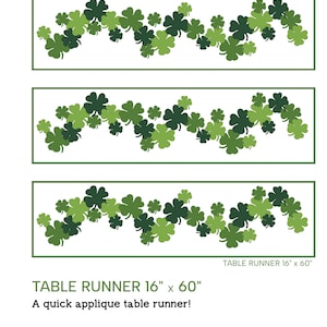 Może przedstawiać: Wzór bieżnika stołowego Sham-Rockin z motywem zielonych koniczynek. Bieżnik stołowy ma wymiary 16 cali na 60 cali. Wzór pochodzi od my fabric addiction.