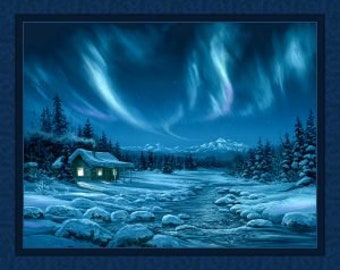 Night Lights Digital Panel cotton quilt fabric Christmas 36" X 45 " Outdoors cabin winter scene night