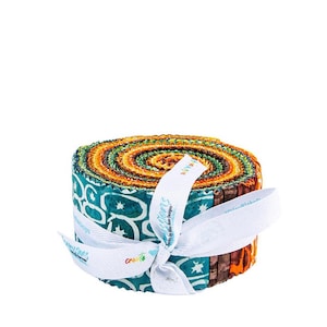 May include: A roll of colorful fabric strips, featuring shades of orange, teal, and brown. The fabric is wrapped with a white ribbon that has text and a bow. The fabric is likely for quilting or other craft projects.