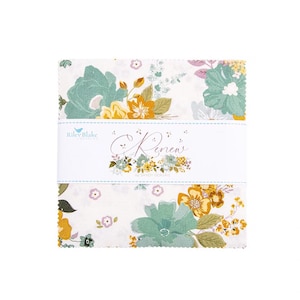 May include: A stack of fabric squares with a floral pattern in shades of teal, yellow, and pink on a white background. The fabric is wrapped with a white label that reads "Renew" and "Riley Blake Designs."