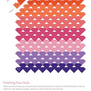 May include: Assembly diagram for a quilt with a gradient of colors from orange to purple. The diagram shows the different pieces of fabric needed to create the quilt, labeled with letters and numbers. The text below the diagram provides instructions for finishing the quilt, including how to prepare the backing, baste the quilt, and add the binding.