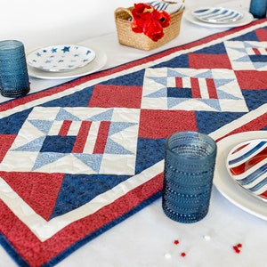 May include: A red, white, and blue quilted table runner with a star design. The runner is on a white tablecloth with blue glasses and plates.