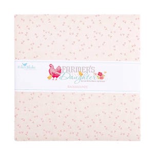 May include: A stack of fabric squares with a light pink floral pattern. A white band across the center features the text "Farmer's Daughter Backgrounds" with a red hen and chicks illustration. The Riley Blake Designs logo is also visible.