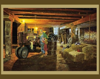Never Too Busy  digital Panel Cotton quilt fabric tractor barn  scene
