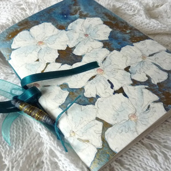 Journal, pocket book or notebook lined pages and original watercolour cover in blue and white flowers design