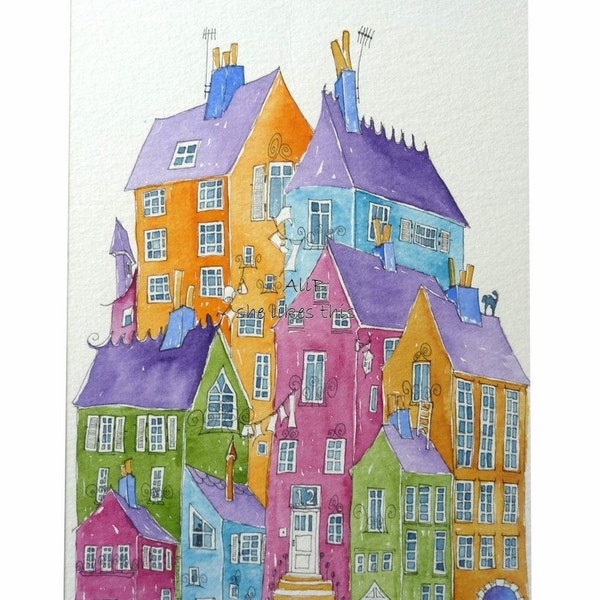 Colourful town houses, an original watercolour painting. Bright colours in pink, blue & green create this quirky painting.