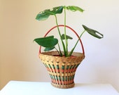 Vintage wicker basket - cane planter basket - wicker storage basket - basket with handle - boho bohemian decor - one basket