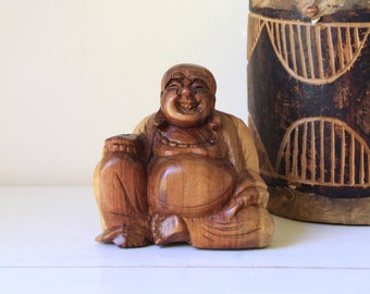 Preloved wood buddha - wooden carved figurine - spiritual alter statue - timber smiling buddha - unique vintage gift