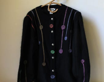 Vintage Gitane Angora Cardigan - Black Lurex Stitch Embellished Knitwear