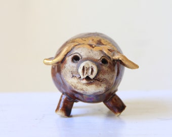 Vintage pottery pig - pottery animal statue - cute figurine with gold detail - 1990s handmade ceramic - shelf ornaments - one small statue