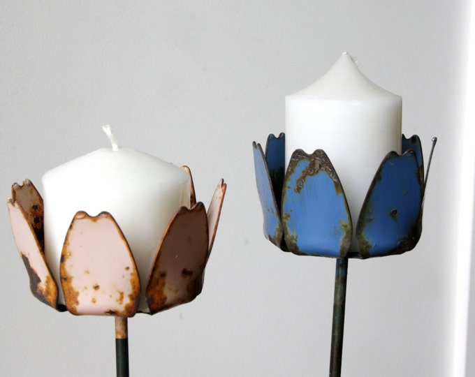 Rustic Metal Garden Stakes/ Vintage Flower Glass Coasters/ Etsy