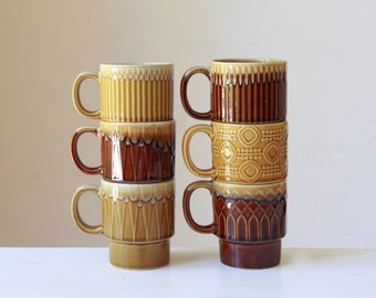 Vintage stackable mugs - 6 x  brown ceramic cups - retro pattern tableware -  neutral random set - Made in Japan > View listing re shipping<