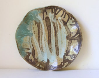 Vintage pottery plate - handmade pottery dish - Wabi sabi moulded clay - interesting glaze - sea green beige brown - ocean coastal decor