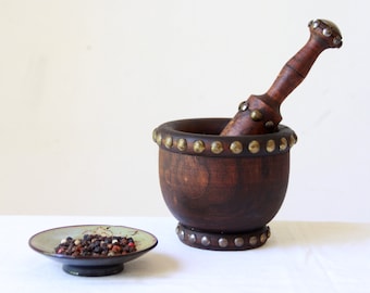 Vintage Mortar & Pestle - wood and brass studded - decorative kitchen accessory - medieval bohemian - Made in Spain