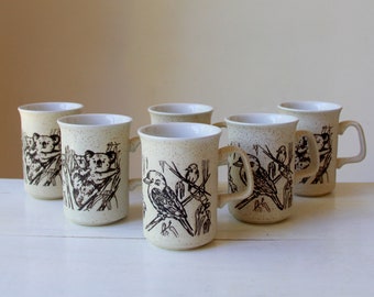 Vintage Australiana mugs - 6 x animal coffee cups - kookaburra and koala - beige speckle mugs - Made in Australia >View listing re shipping<