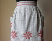 Vintage gingham half apron/ Red cross stitch womens apron/ retro kitchen decor/ vintage gift for her/ quirky wedding gift/ Christmas decor