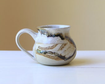 Vintage pottery mug - 1 x studio pottery cup - grey, blue beige glaze - signed handmade stoneware - rustic kitchen tableware