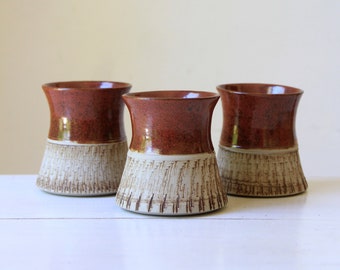 Vintage pottery mugs - 3 x handless pottery cups - signed studio pottery - stoneware dated 1986 - rustic kitchen tableware