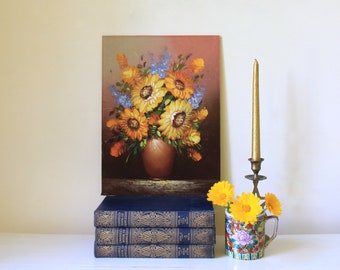 Vintage floral picture - sunflower oil painting - yellow still life art - unsigned original artwork - unique gift for her - circa 1980s