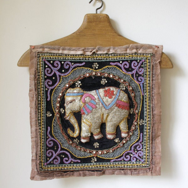 1970s beaded indian fabric/ quirky Indian textile/ elephant textile art/ boho fabric wall hanging/bohemian decor/vintage fabric craft supply