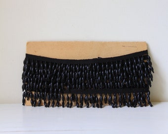 Vintage beaded trim - 3 metre black trim - wood bead trimming - beaded fringe on braid - antique dressmaking supply - circa 1930s or 40s