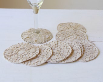 Vintage lace coasters - 11 x slip on coasters - beige wine glass coasters - unique table protectors - quirky housewarming gift