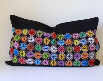 Vintage cushion cover -  black embroidered cover -  vibrant cross-stitch textile - rectangular throw pillow - cushion cover only