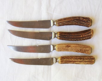 Vintage horn knives - 4 x horn steak knives - Lewis Rose and Co - Sheffield England - stainless steel blades