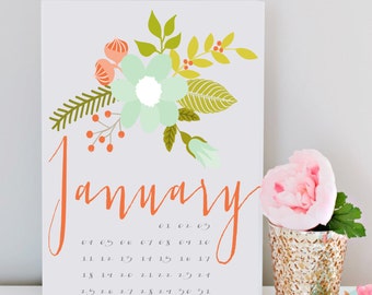 2015 calendrier floral, botanique, calendrier mural, calendrier mensuel avec des fleurs